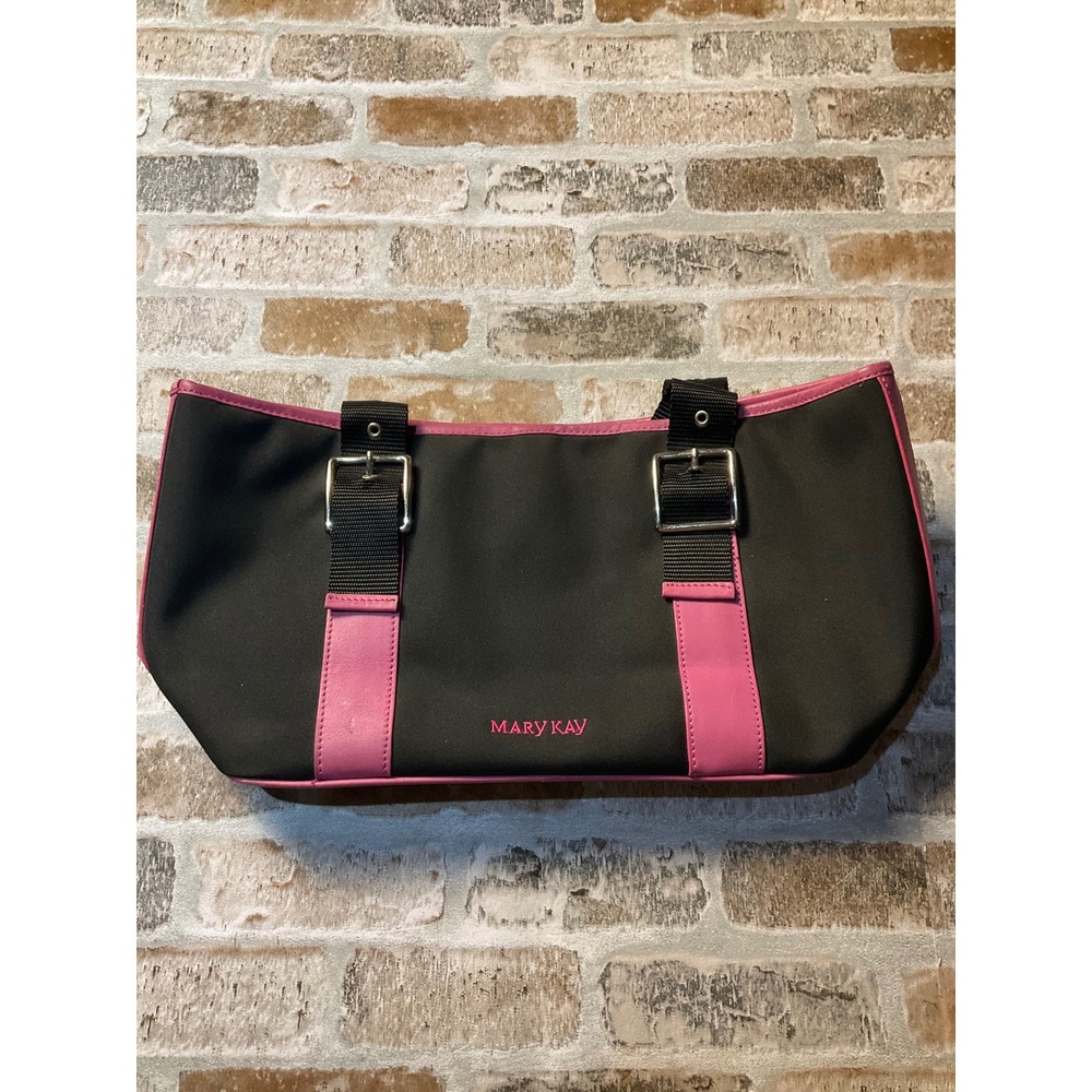 Mary Kay Black Pink Canvas Tote Bag Houndstooth Lining Buckle Detail